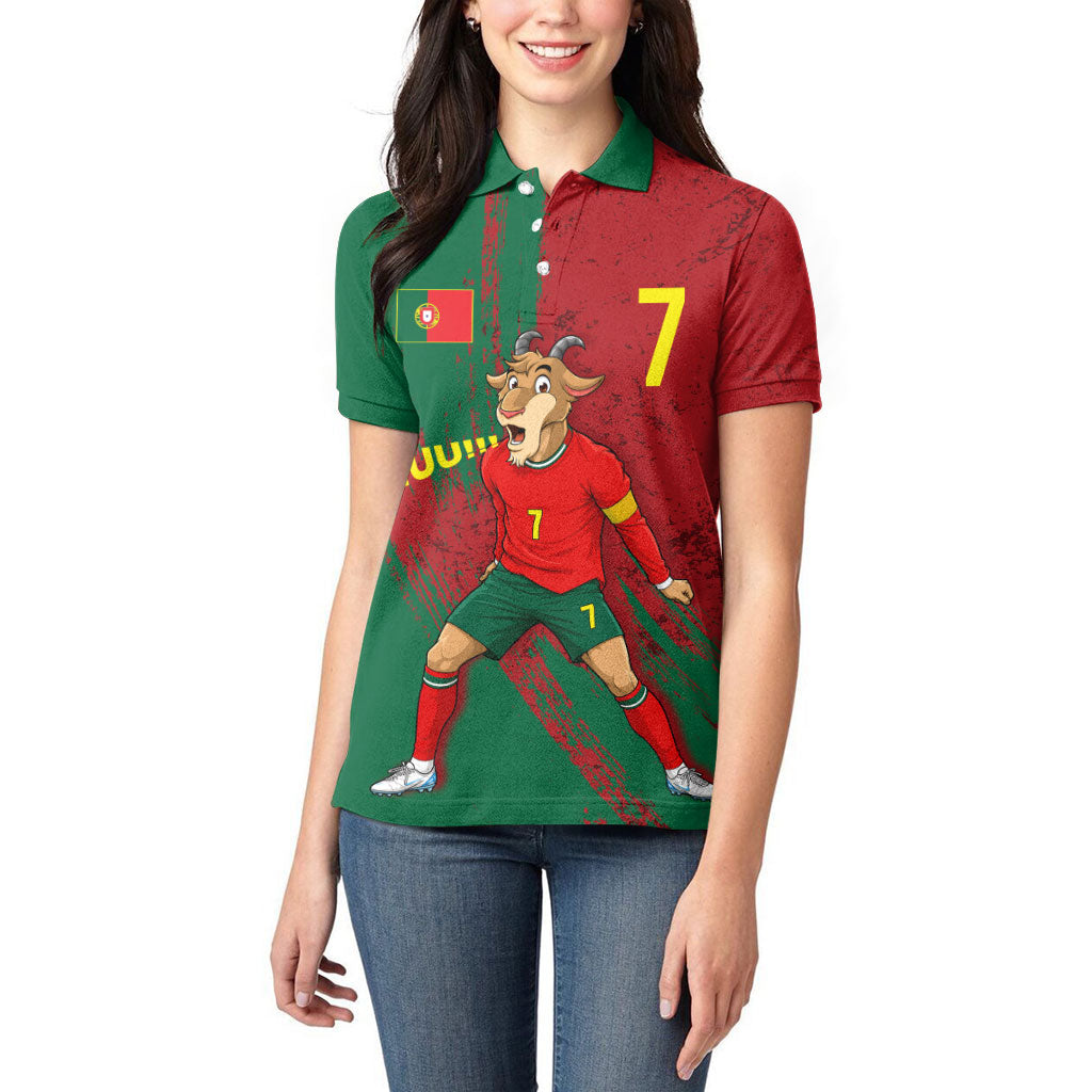Portugal Football Women Polo Shirt Goat Number 7 Greatest Of All Time Abstract Grunge