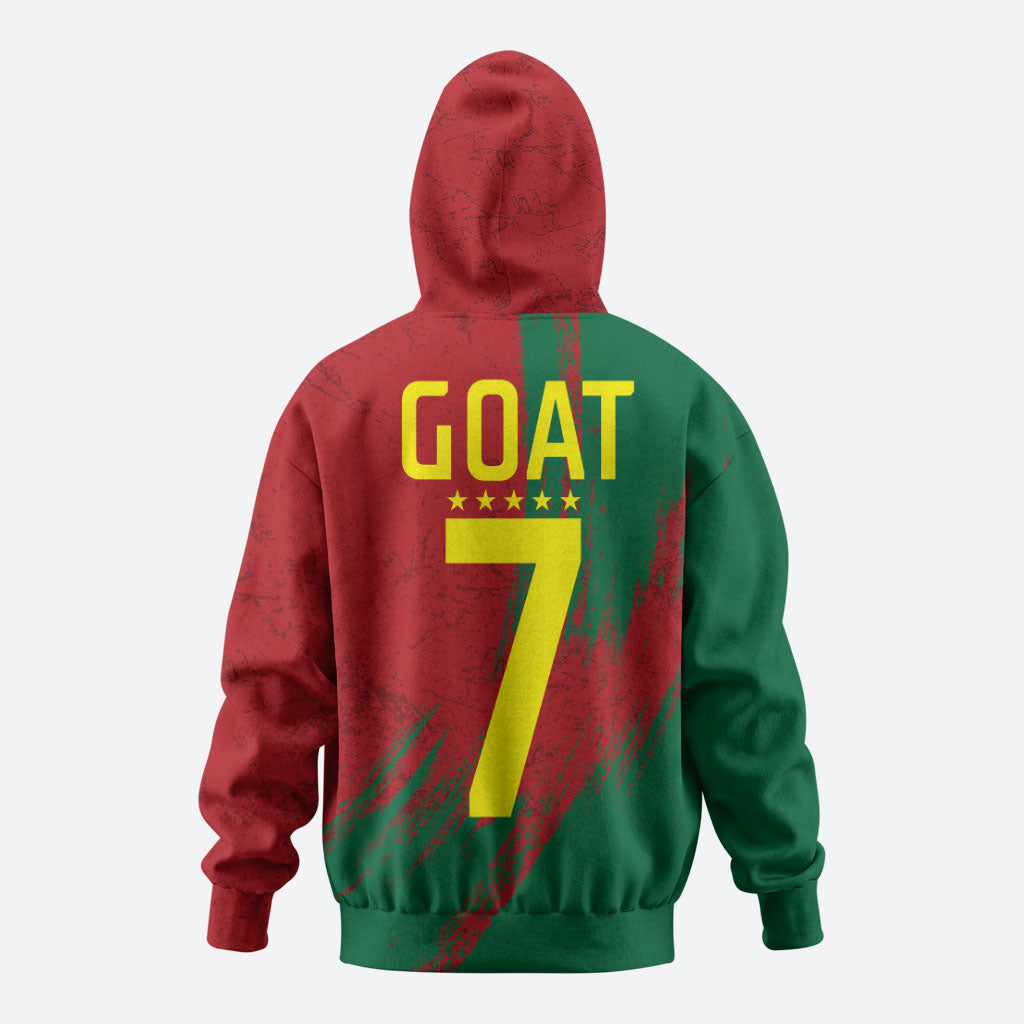 Portugal Football Zip Hoodie Goat Number 7 Greatest Of All Time Abstract Grunge