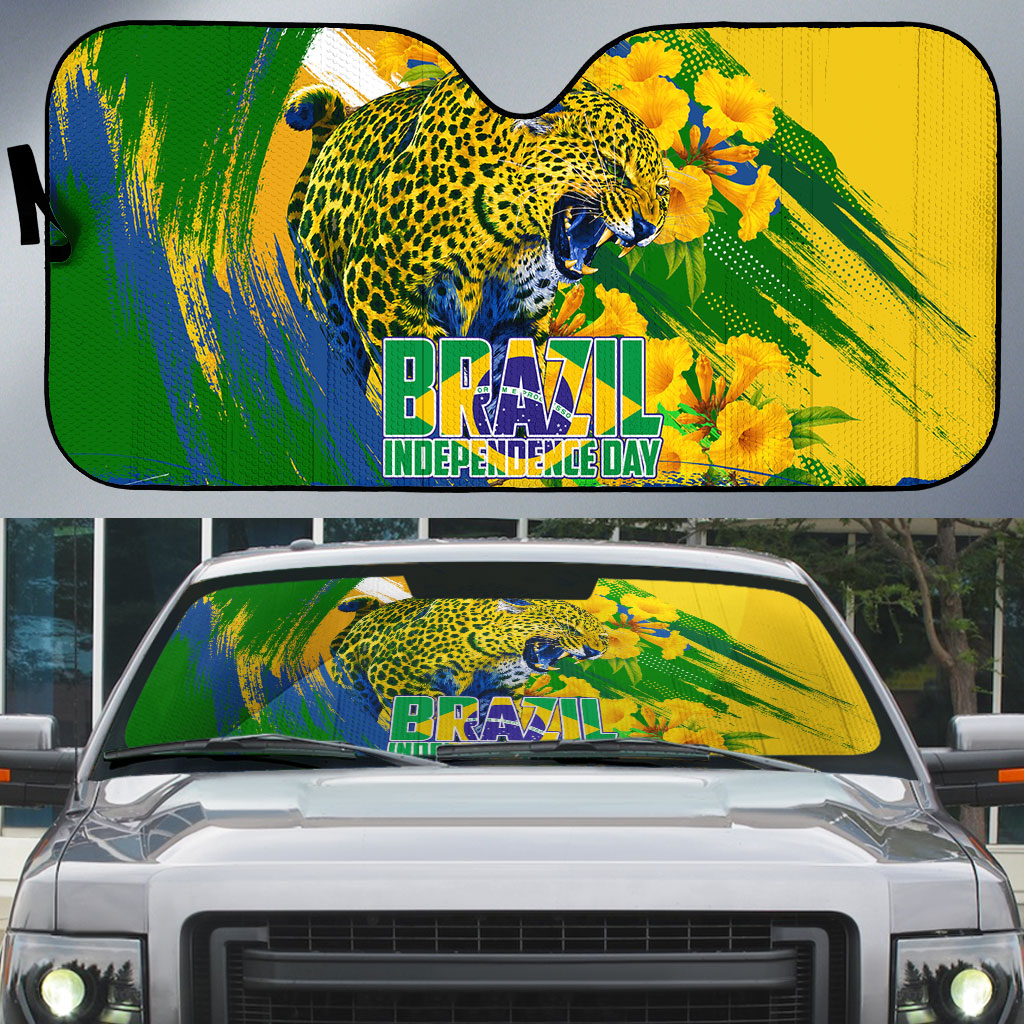 Brazil Independence Day Auto Sun Shade Roaring Jaguar Christ Redeemer Tropical Floral