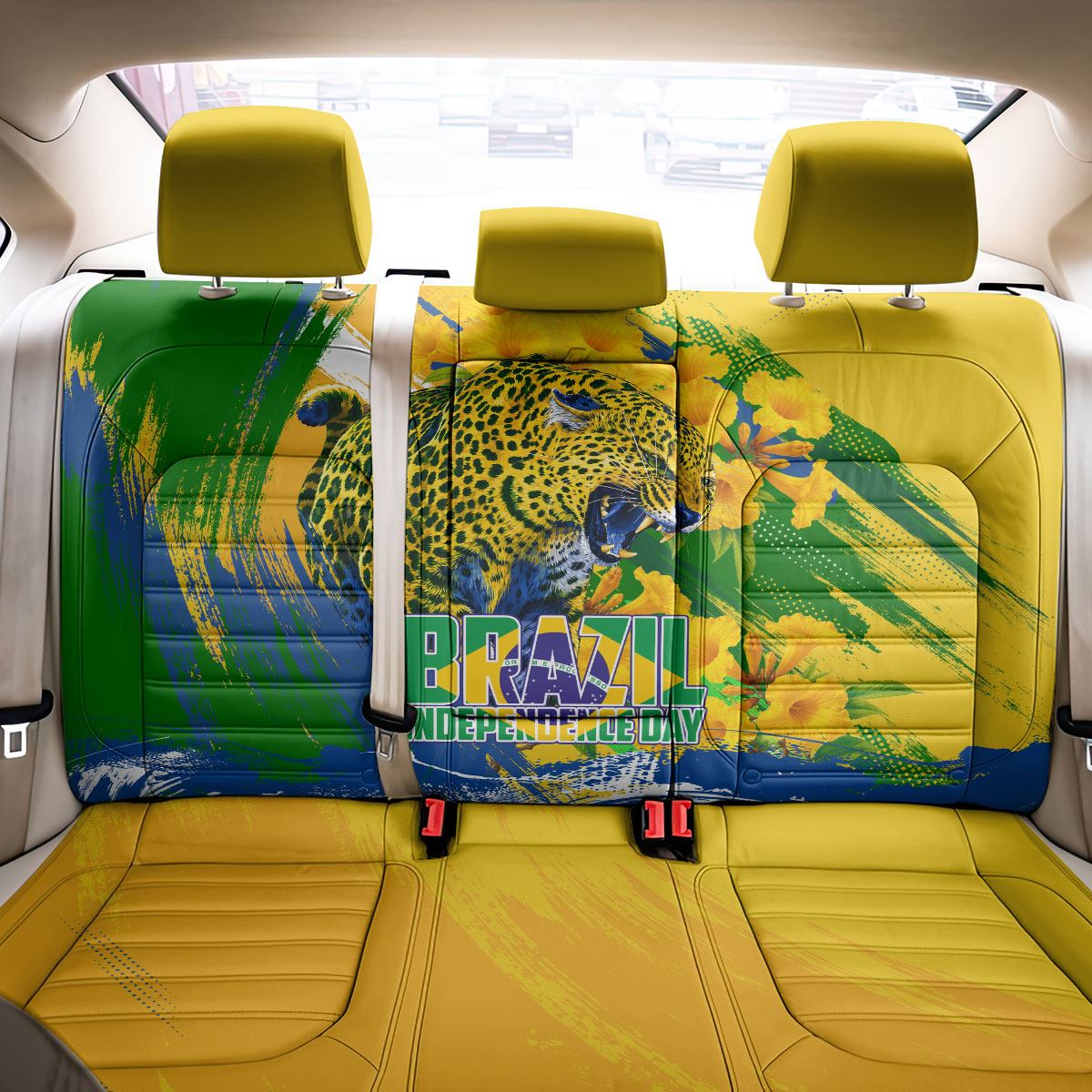Brazil Independence Day Back Car Seat Cover Roaring Jaguar Christ Redeemer Tropical Floral