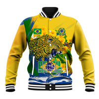 Brazil Independence Day Baseball Jacket Roaring Jaguar Christ Redeemer Tropical Floral