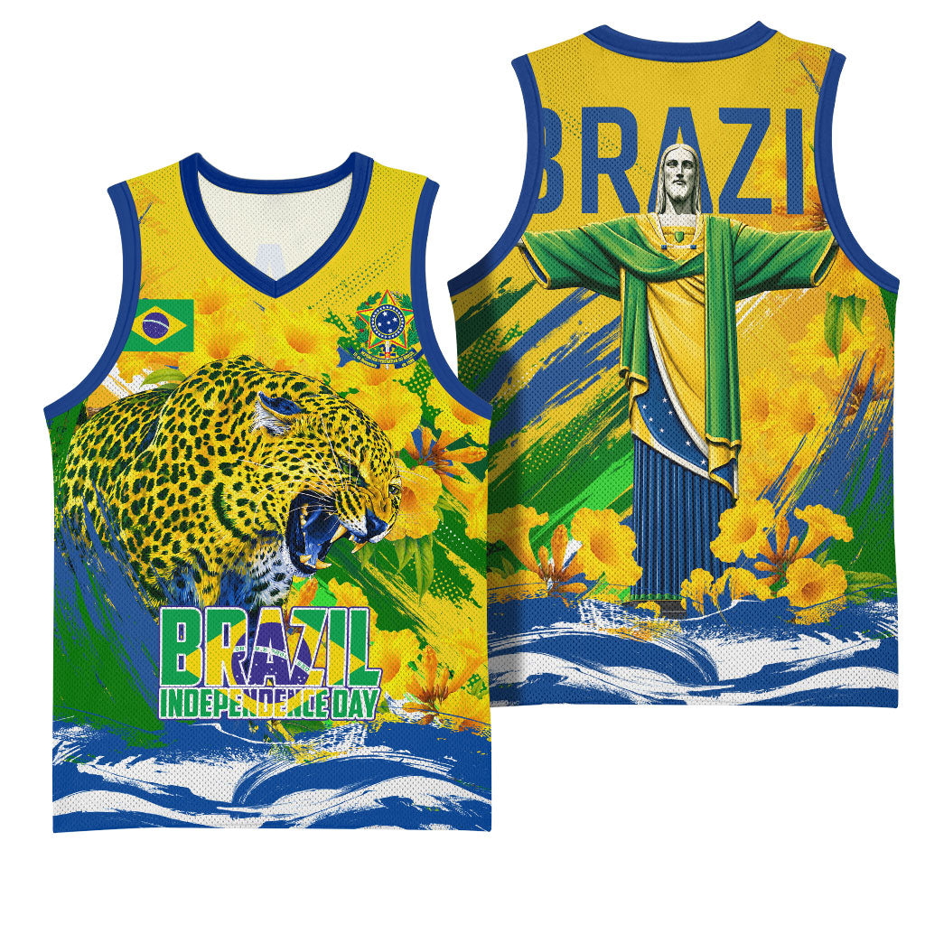 Brazil Independence Day Basketball Jersey Roaring Jaguar Christ Redeemer Tropical Floral