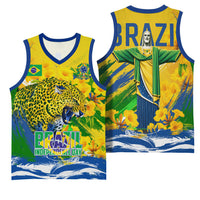 Brazil Independence Day Basketball Jersey Roaring Jaguar Christ Redeemer Tropical Floral