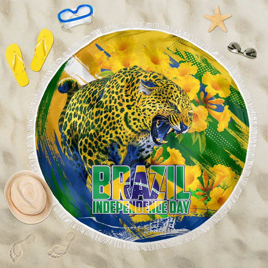 Brazil Independence Day Beach Blanket Roaring Jaguar Christ Redeemer Tropical Floral