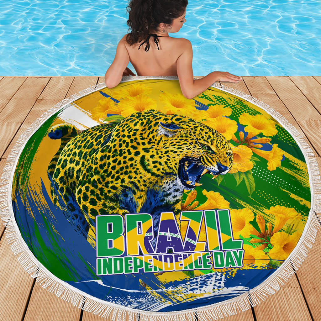 Brazil Independence Day Beach Blanket Roaring Jaguar Christ Redeemer Tropical Floral