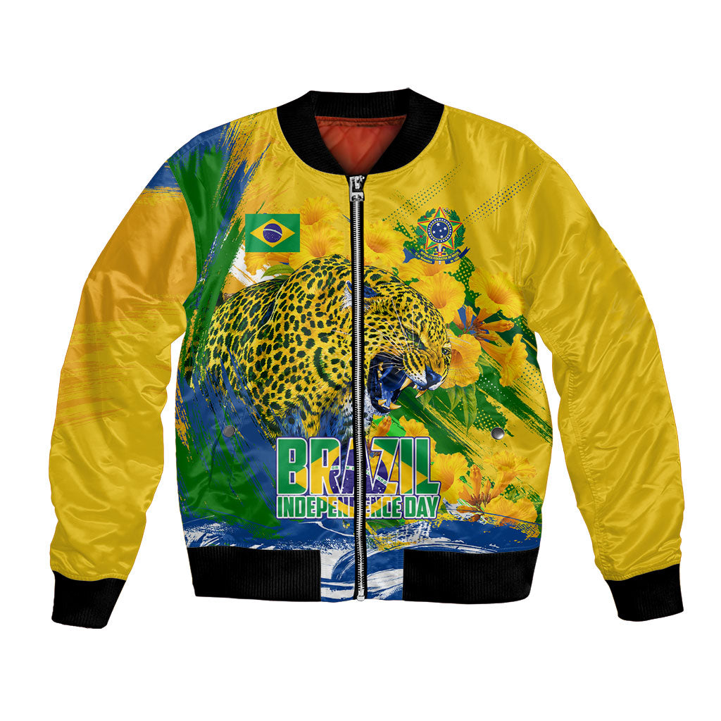 Brazil Independence Day Bomber Jacket Roaring Jaguar Christ Redeemer Tropical Floral
