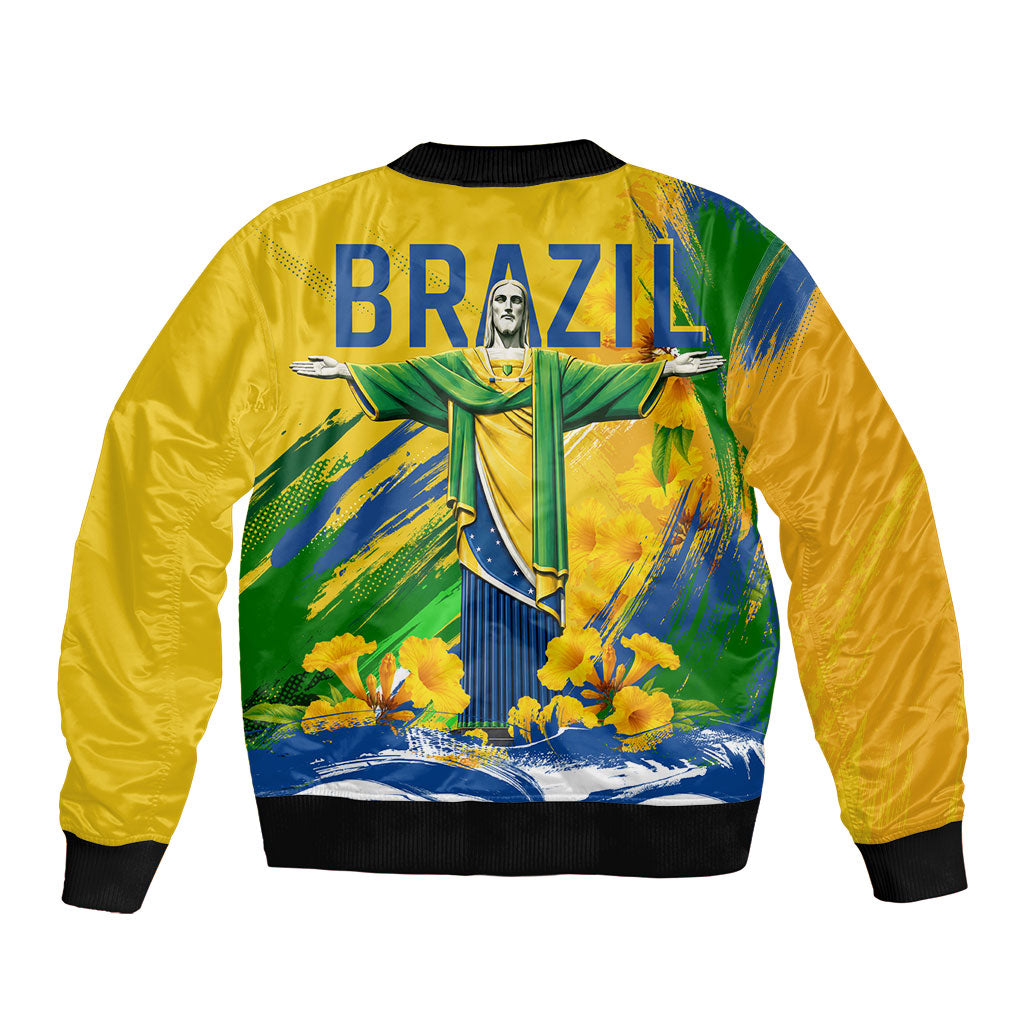 Brazil Independence Day Bomber Jacket Roaring Jaguar Christ Redeemer Tropical Floral