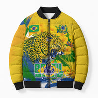 Brazil Independence Day Bomber Puffer Jacket Roaring Jaguar Christ Redeemer Tropical Floral