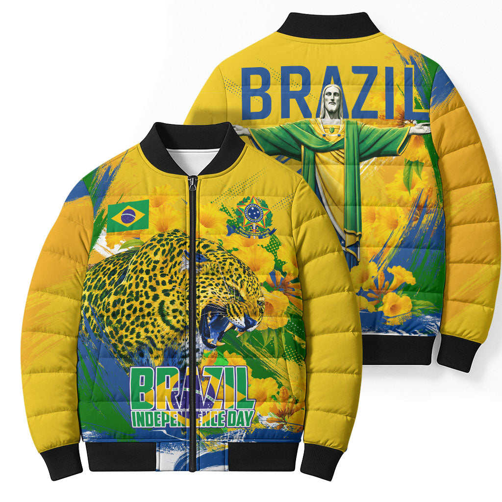 Brazil Independence Day Bomber Puffer Jacket Roaring Jaguar Christ Redeemer Tropical Floral