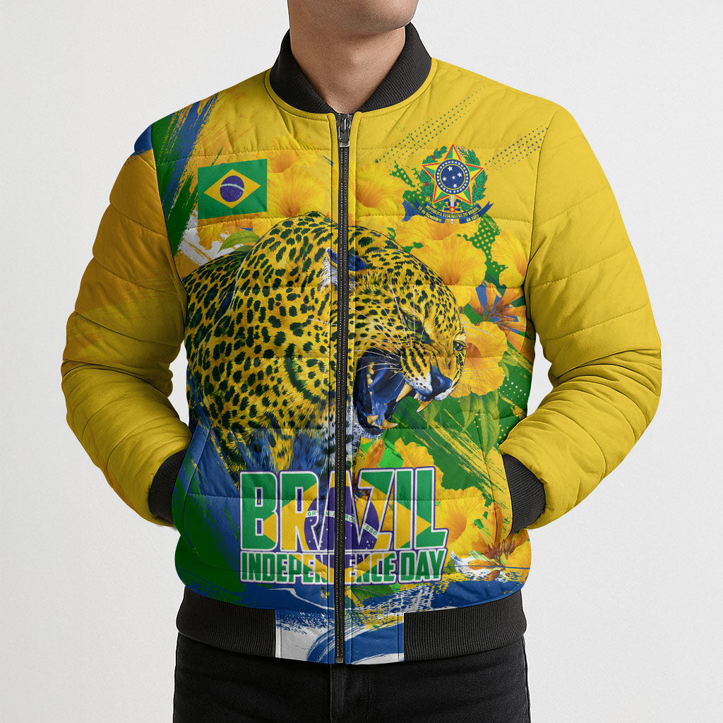 Brazil Independence Day Bomber Puffer Jacket Roaring Jaguar Christ Redeemer Tropical Floral