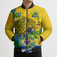 Brazil Independence Day Bomber Puffer Jacket Roaring Jaguar Christ Redeemer Tropical Floral