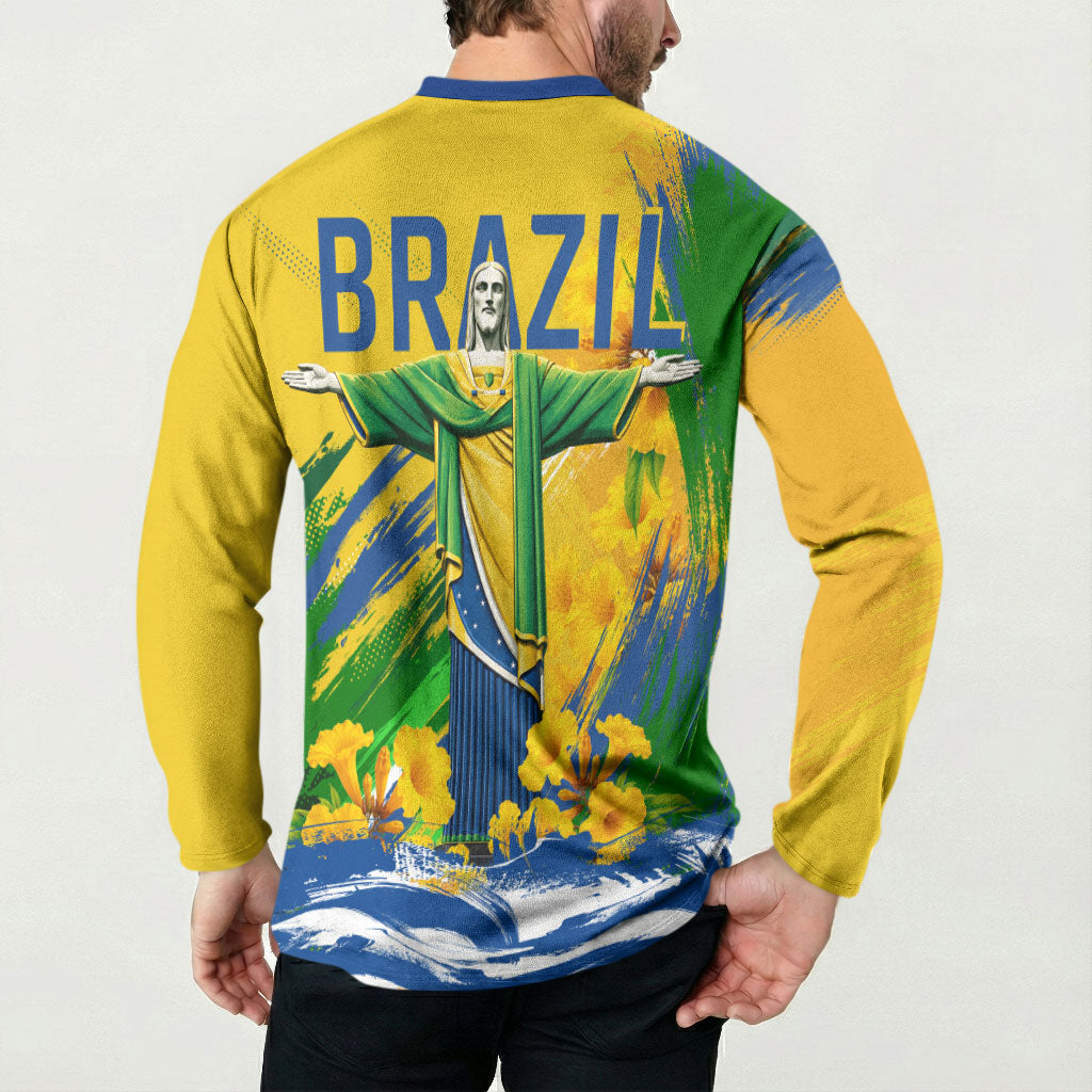Brazil Independence Day Button Sweatshirt Roaring Jaguar Christ Redeemer Tropical Floral