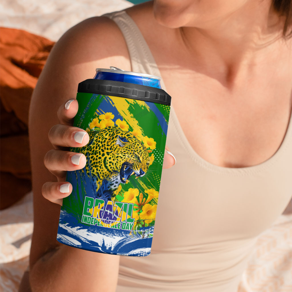 Brazil Independence Day 4 in 1 Can Cooler Tumbler Roaring Jaguar Christ Redeemer Tropical Floral