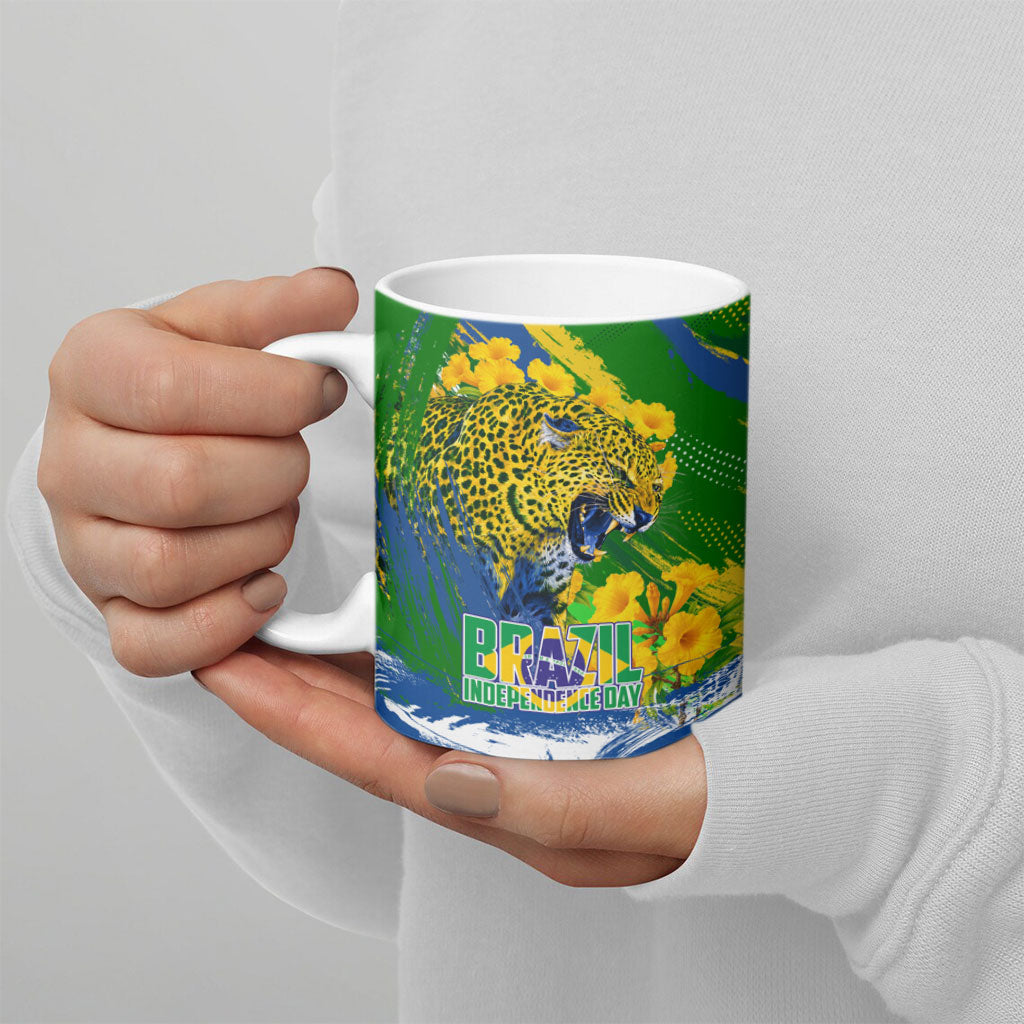 Brazil Independence Day Ceramic Mug Roaring Jaguar Christ Redeemer Tropical Floral
