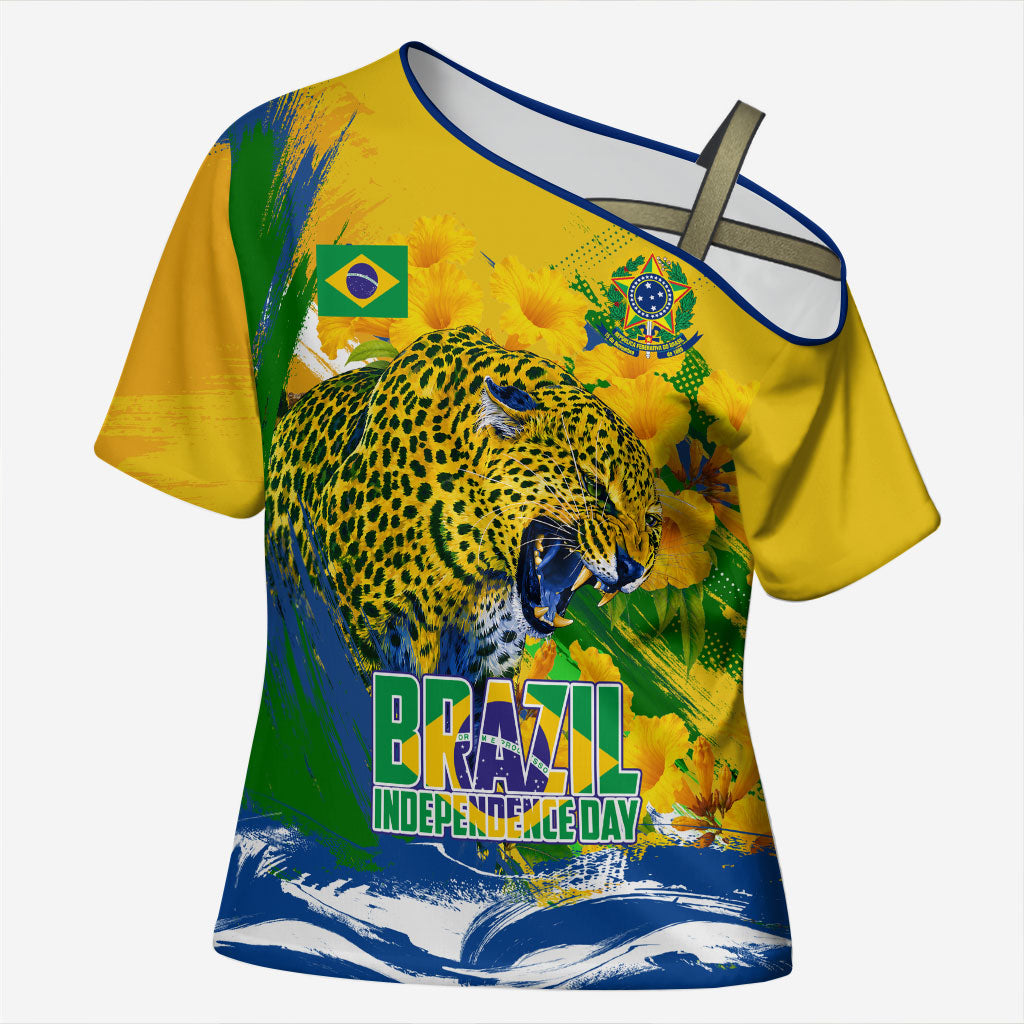 Brazil Independence Day Cross Shoulder Shirt Roaring Jaguar Christ Redeemer Tropical Floral