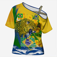 Brazil Independence Day Cross Shoulder Shirt Roaring Jaguar Christ Redeemer Tropical Floral