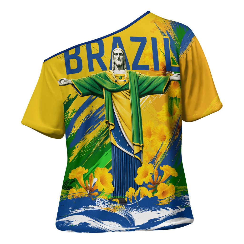 Brazil Independence Day Cross Shoulder Shirt Roaring Jaguar Christ Redeemer Tropical Floral