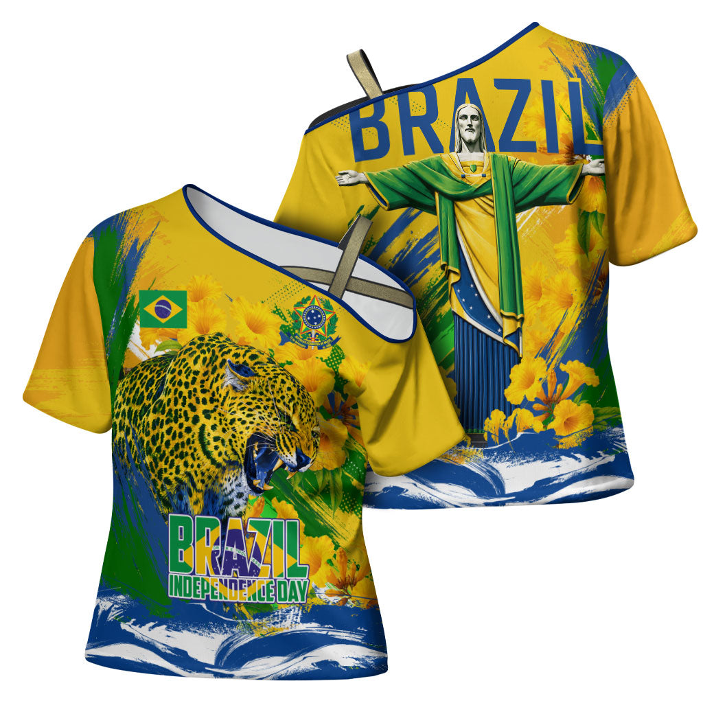 Brazil Independence Day Cross Shoulder Shirt Roaring Jaguar Christ Redeemer Tropical Floral