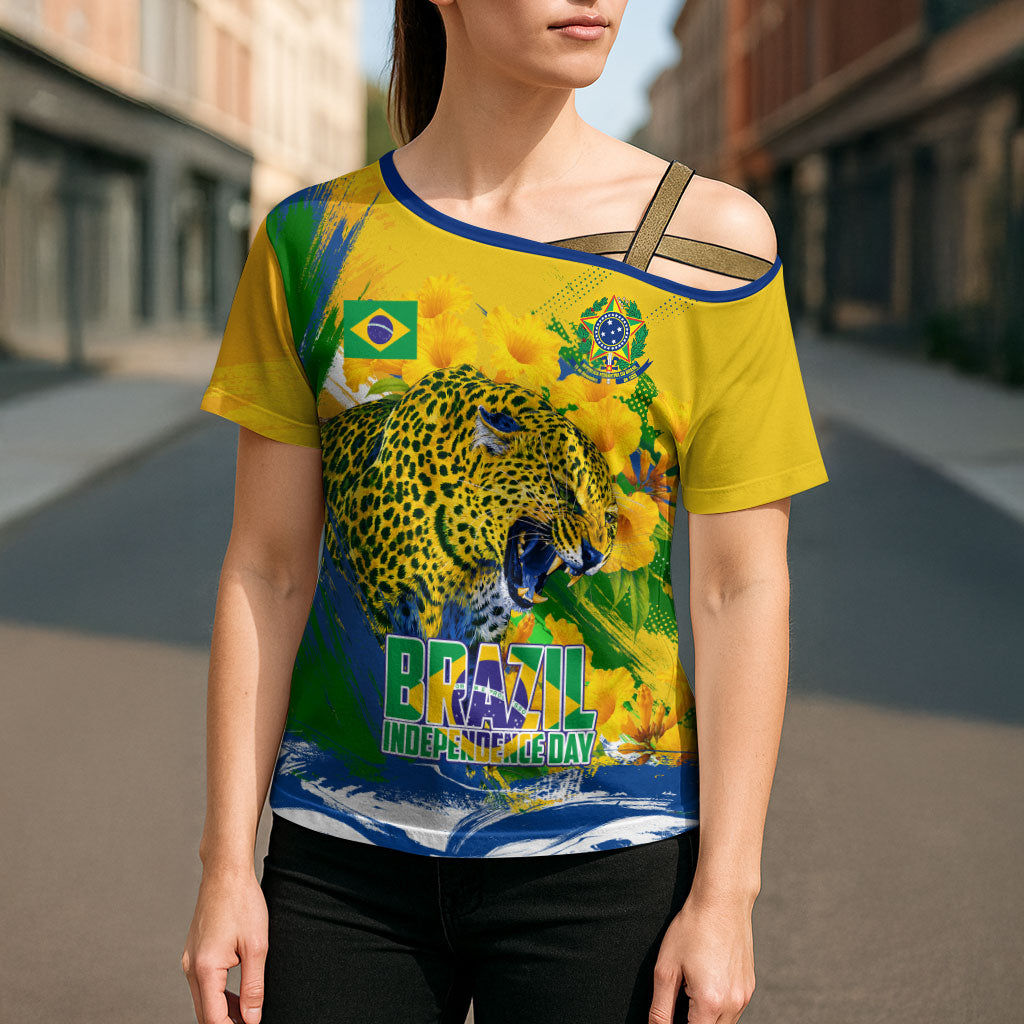 Brazil Independence Day Cross Shoulder Shirt Roaring Jaguar Christ Redeemer Tropical Floral