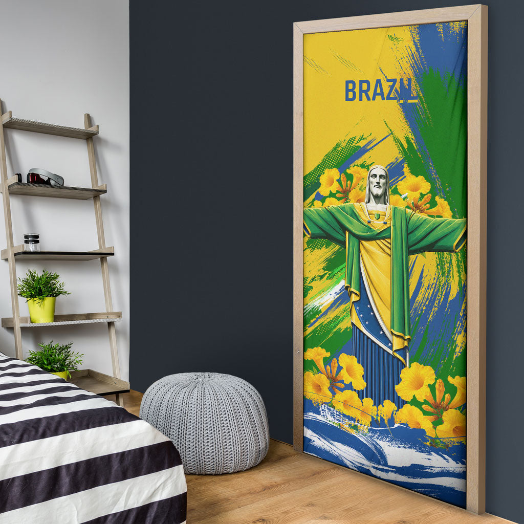 Brazil Independence Day Door Cover Roaring Jaguar Christ Redeemer Tropical Floral