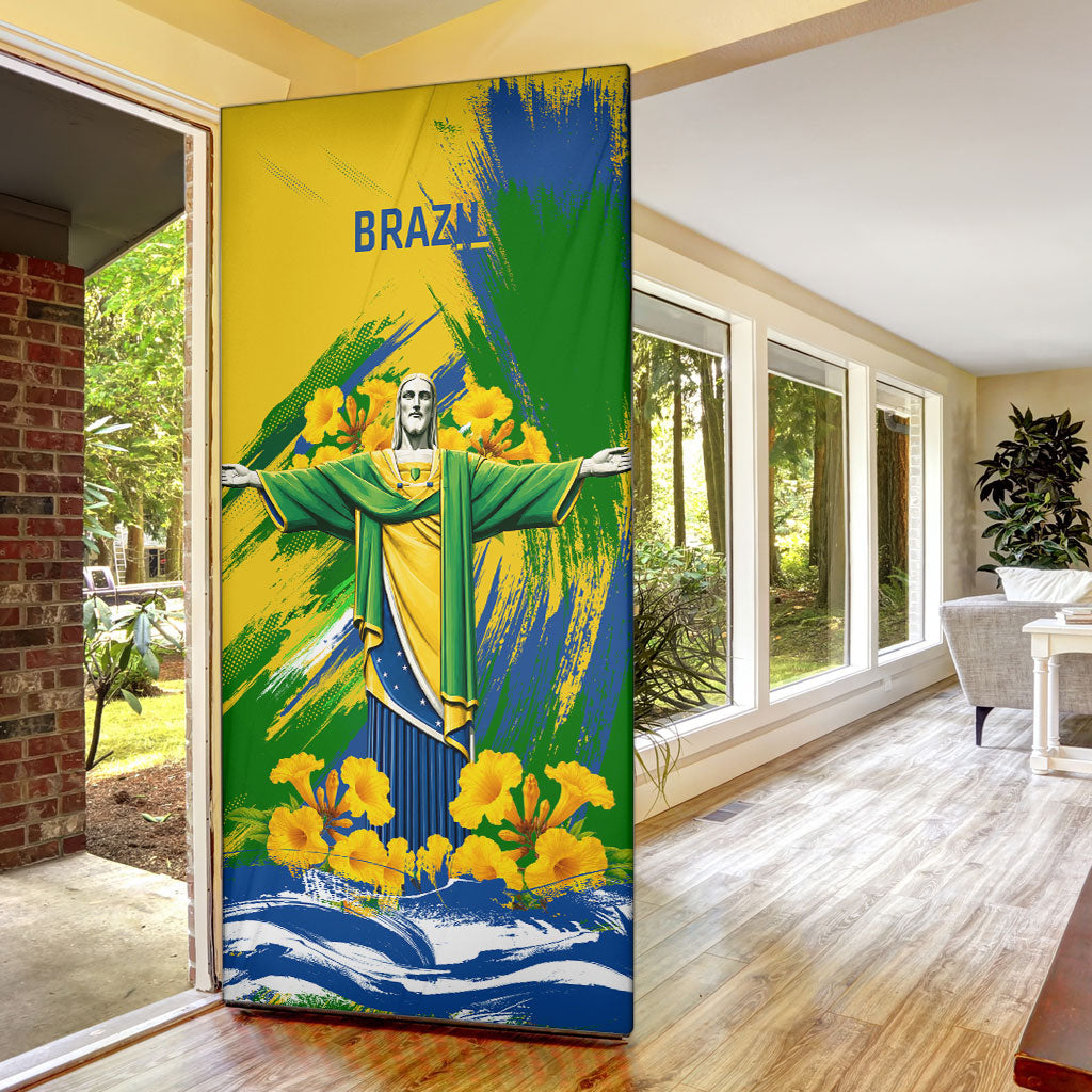Brazil Independence Day Door Cover Roaring Jaguar Christ Redeemer Tropical Floral