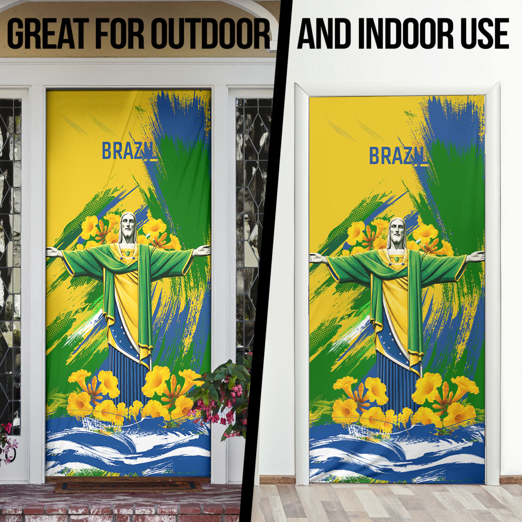 Brazil Independence Day Door Cover Roaring Jaguar Christ Redeemer Tropical Floral