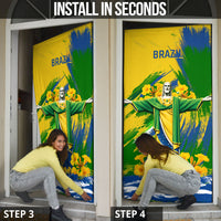 Brazil Independence Day Door Cover Roaring Jaguar Christ Redeemer Tropical Floral