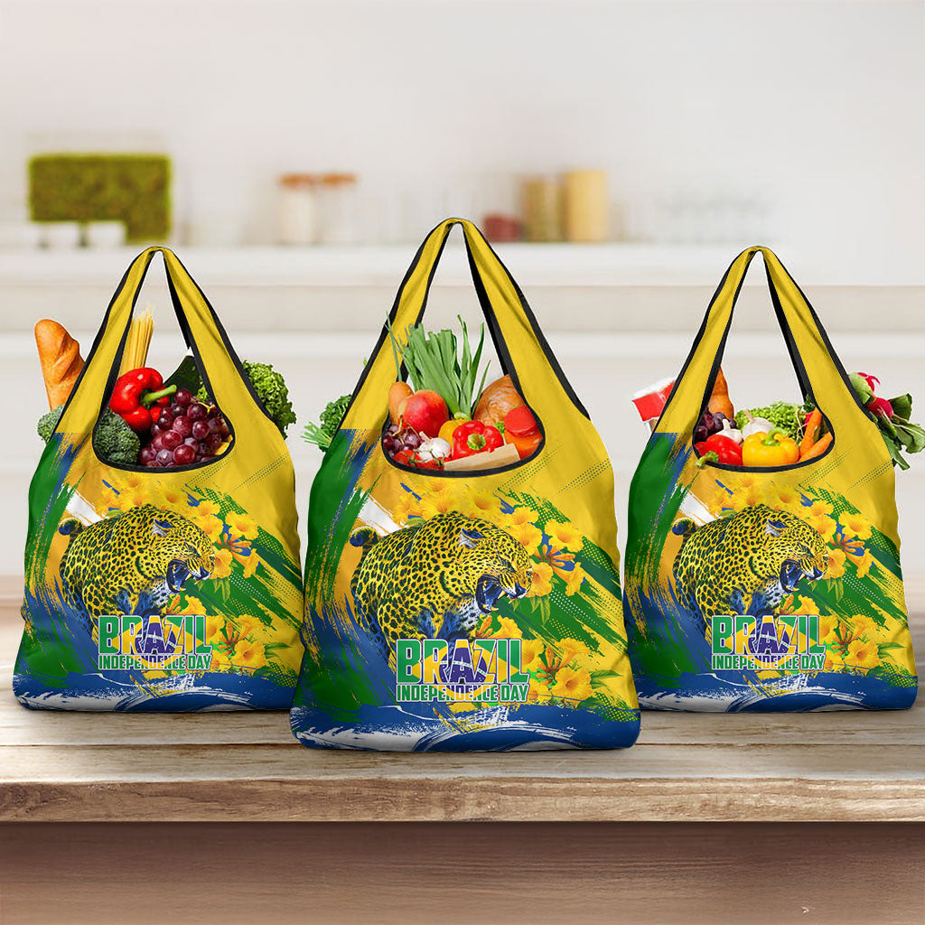 Brazil Independence Day Grocery Bag Roaring Jaguar Christ Redeemer Tropical Floral