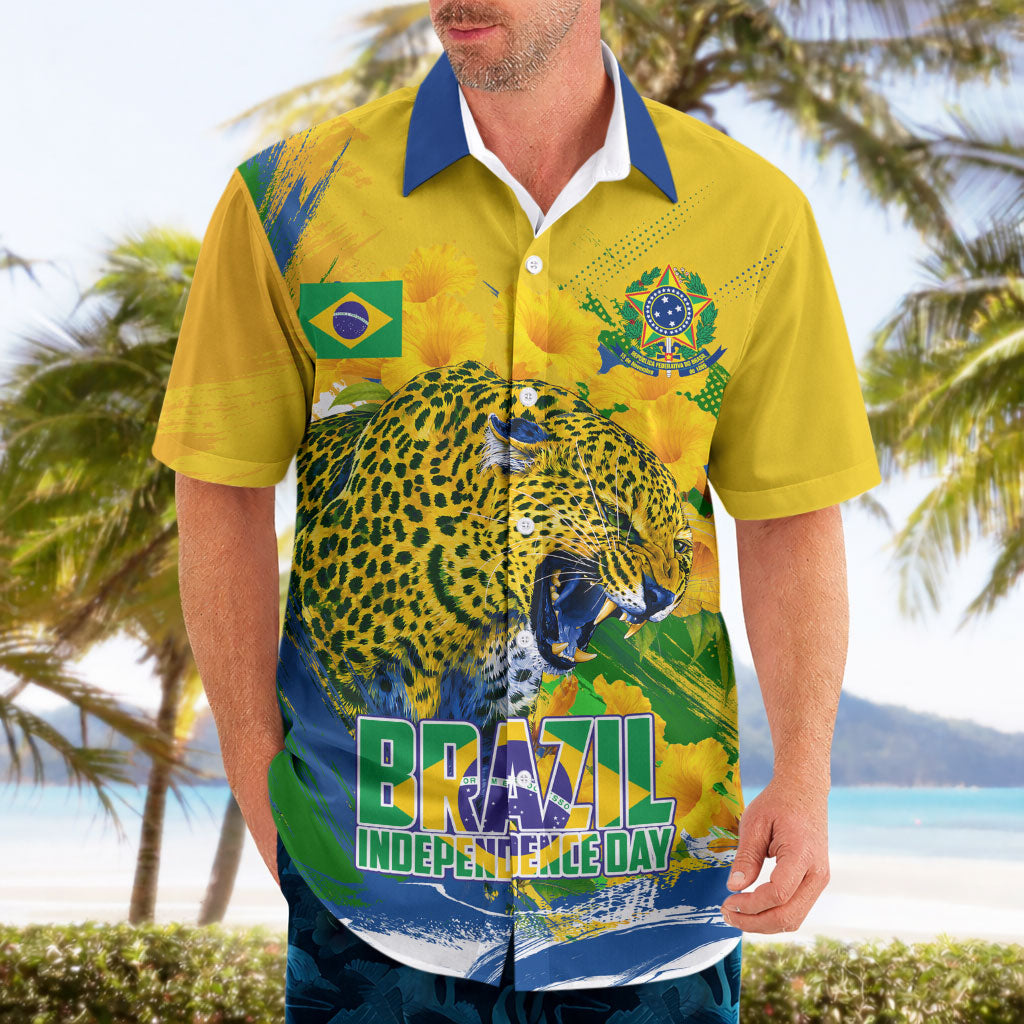 Brazil Independence Day Hawaiian Shirt Roaring Jaguar Christ Redeemer Tropical Floral
