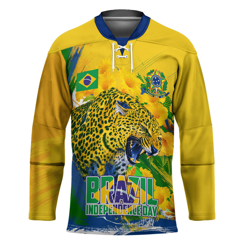 Brazil Independence Day Hockey Jersey Roaring Jaguar Christ Redeemer Tropical Floral