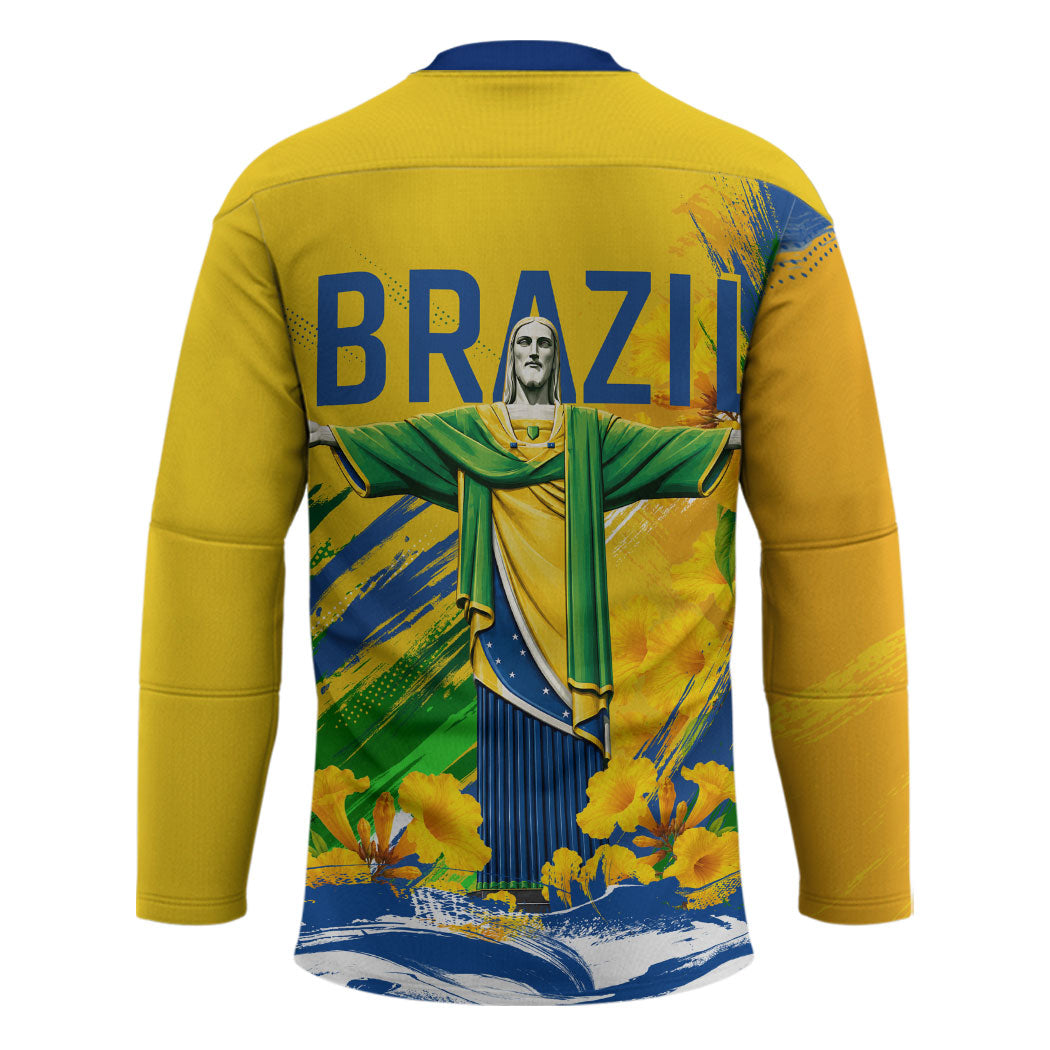 Brazil Independence Day Hockey Jersey Roaring Jaguar Christ Redeemer Tropical Floral