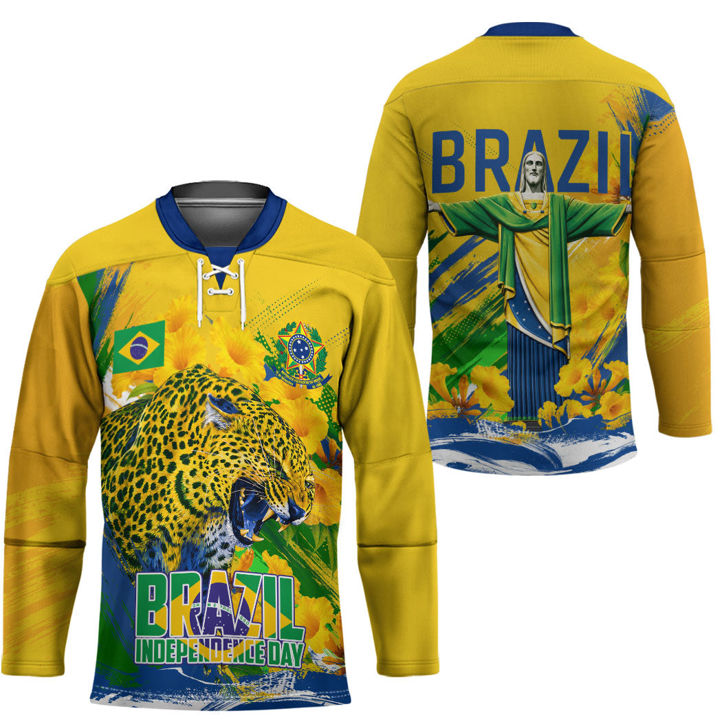 Brazil Independence Day Hockey Jersey Roaring Jaguar Christ Redeemer Tropical Floral