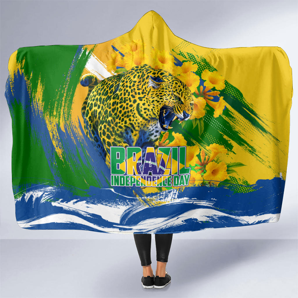 Brazil Independence Day Hooded Blanket Roaring Jaguar Christ Redeemer Tropical Floral