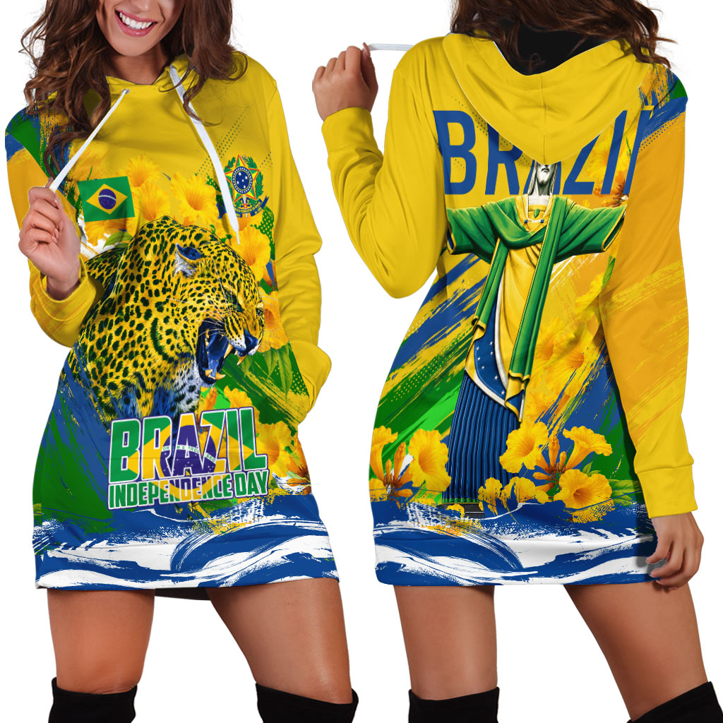 Brazil Independence Day Hoodie Dress Roaring Jaguar Christ Redeemer Tropical Floral
