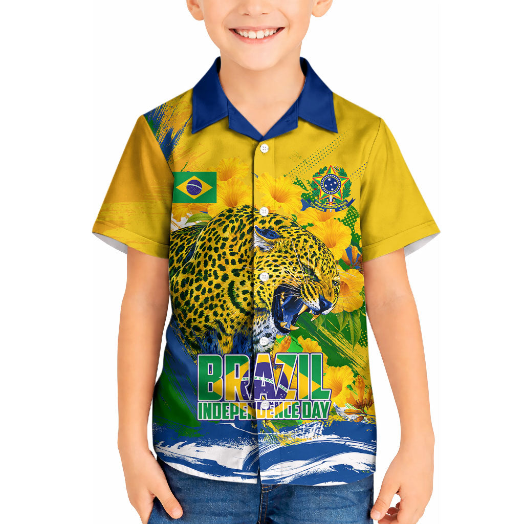 Brazil Independence Day Kid Hawaiian Shirt Roaring Jaguar Christ Redeemer Tropical Floral