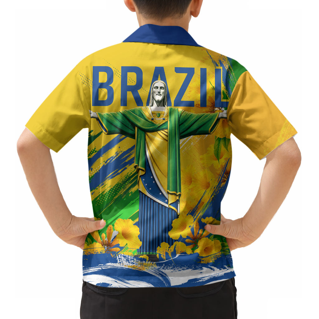 Brazil Independence Day Kid Hawaiian Shirt Roaring Jaguar Christ Redeemer Tropical Floral