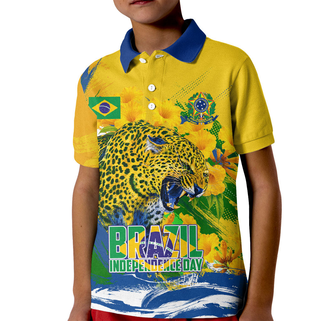 Brazil Independence Day Kid Polo Shirt Roaring Jaguar Christ Redeemer Tropical Floral