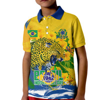Brazil Independence Day Kid Polo Shirt Roaring Jaguar Christ Redeemer Tropical Floral