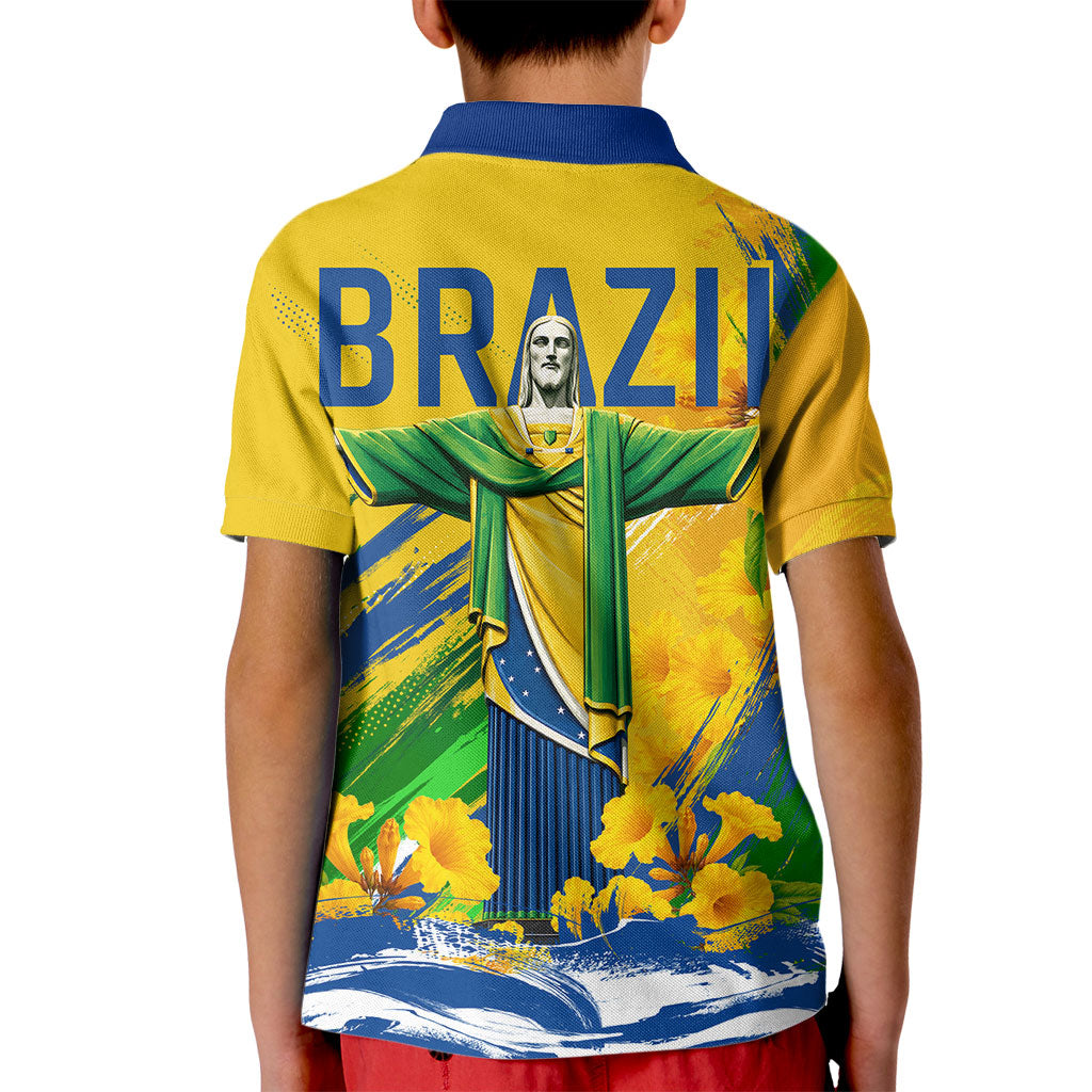Brazil Independence Day Kid Polo Shirt Roaring Jaguar Christ Redeemer Tropical Floral