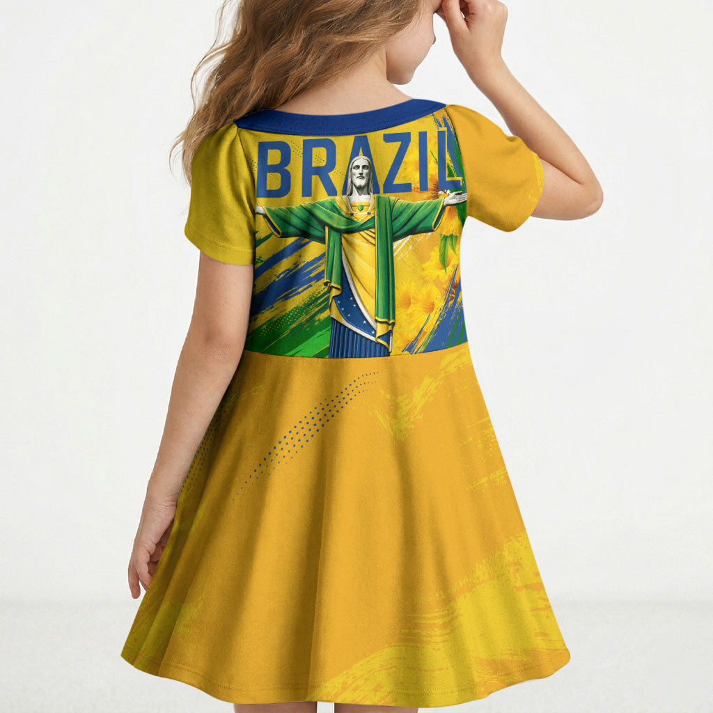 Brazil Independence Day Kid Short Sleeve Dress Roaring Jaguar Christ Redeemer Tropical Floral