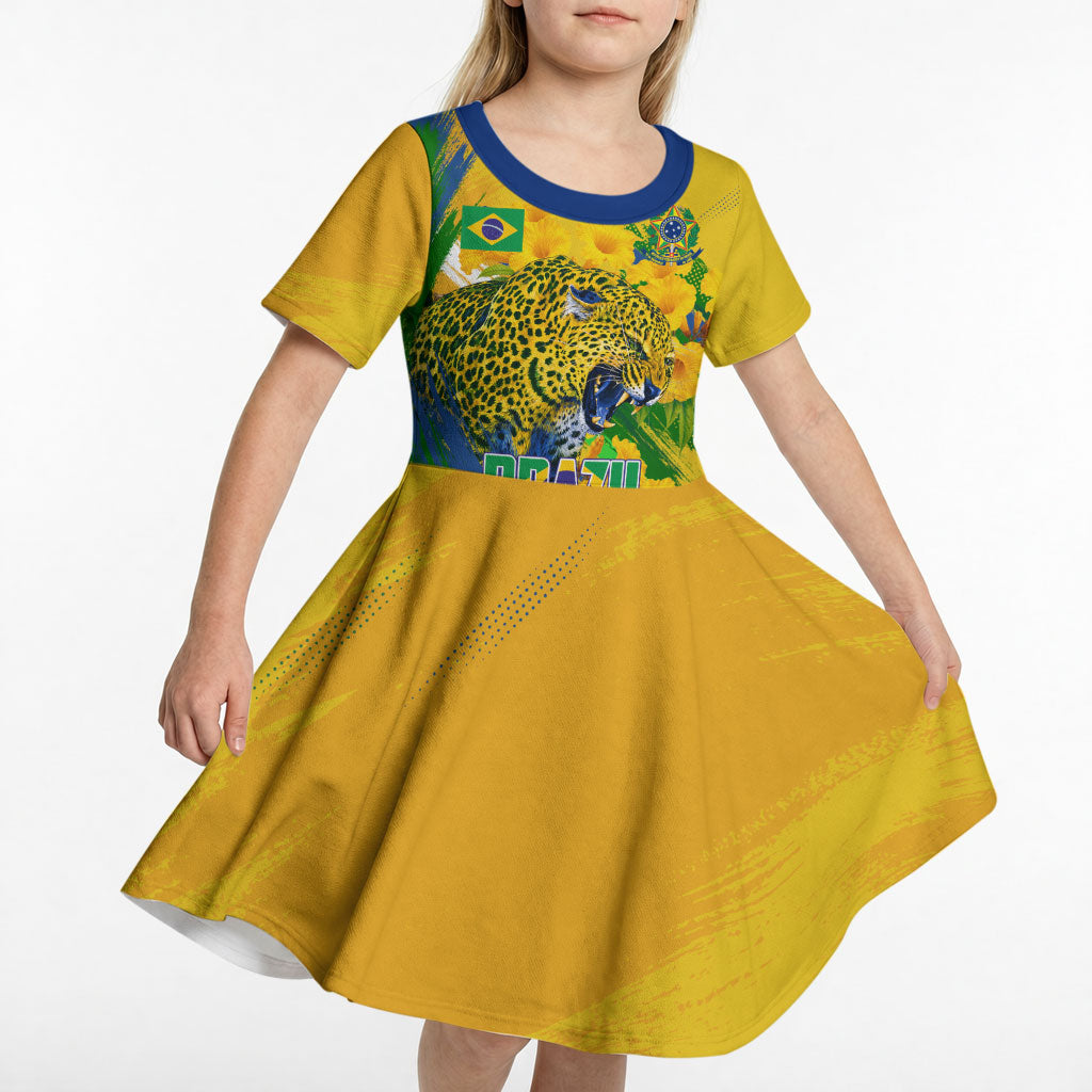 Brazil Independence Day Kid Short Sleeve Dress Roaring Jaguar Christ Redeemer Tropical Floral