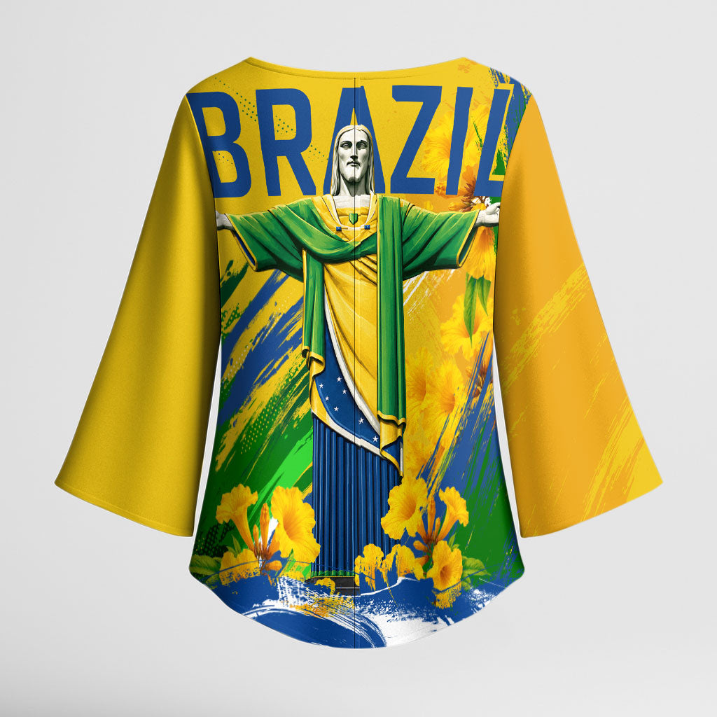 Brazil Independence Day Kimono Sleeve Blouse Roaring Jaguar Christ Redeemer Tropical Floral