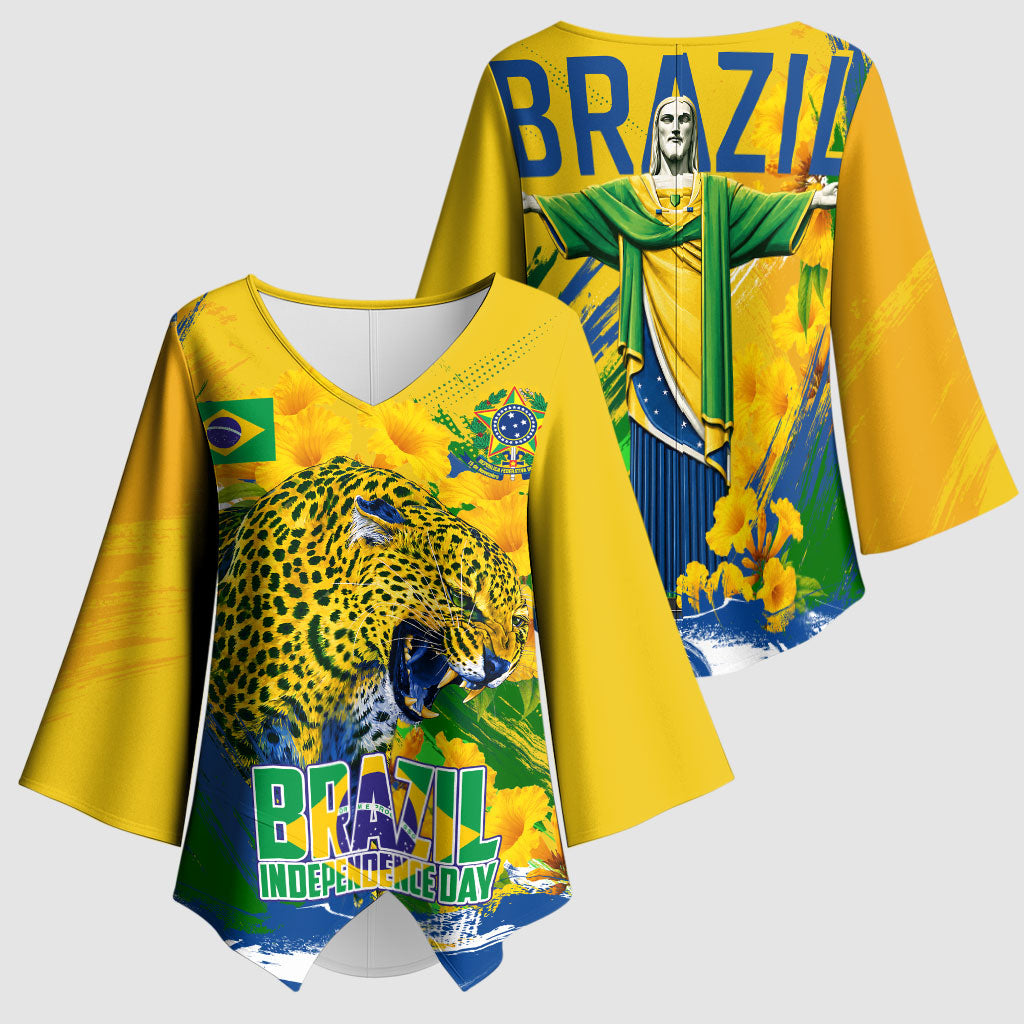 Brazil Independence Day Kimono Sleeve Blouse Roaring Jaguar Christ Redeemer Tropical Floral