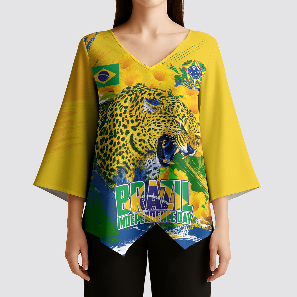 Brazil Independence Day Kimono Sleeve Blouse Roaring Jaguar Christ Redeemer Tropical Floral
