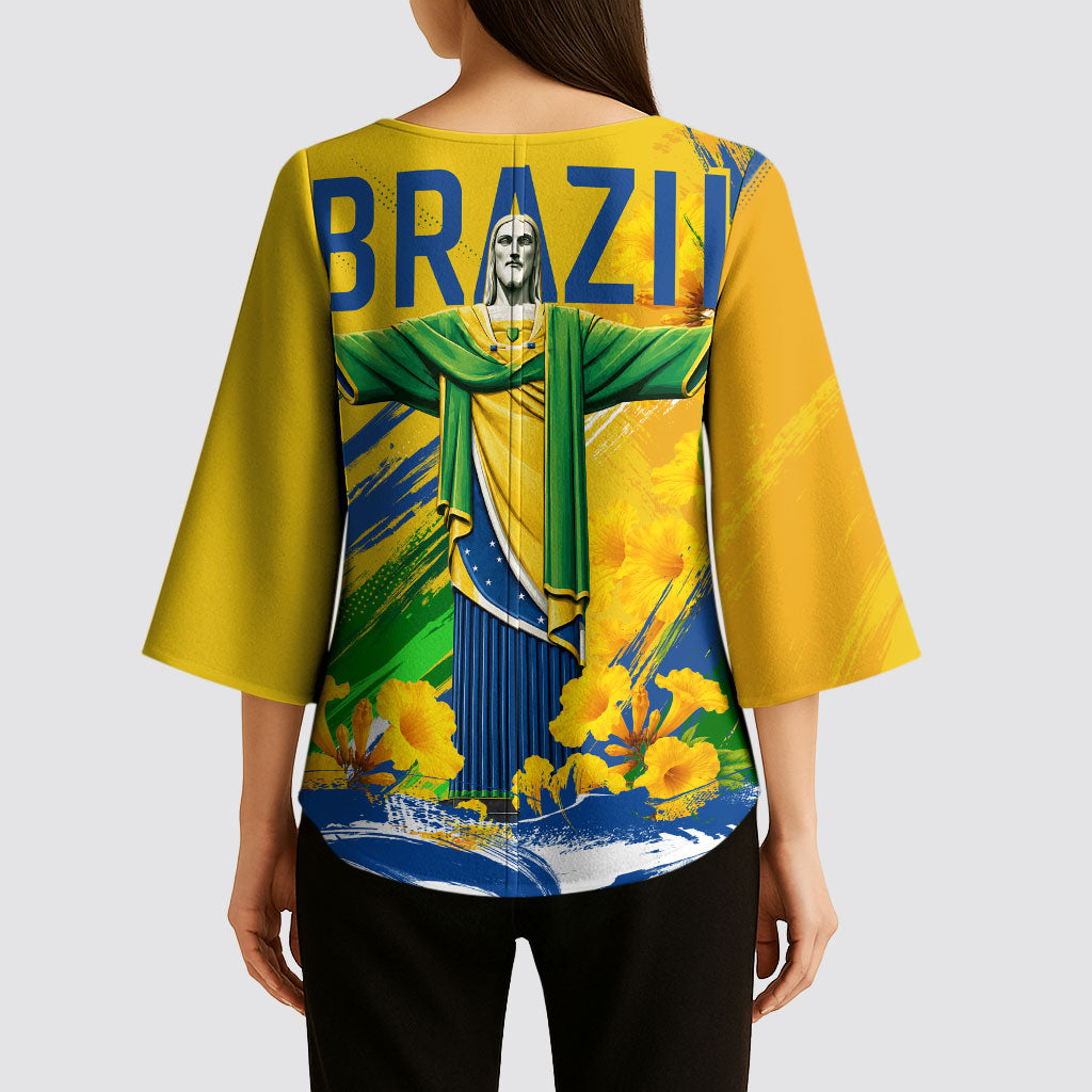 Brazil Independence Day Kimono Sleeve Blouse Roaring Jaguar Christ Redeemer Tropical Floral