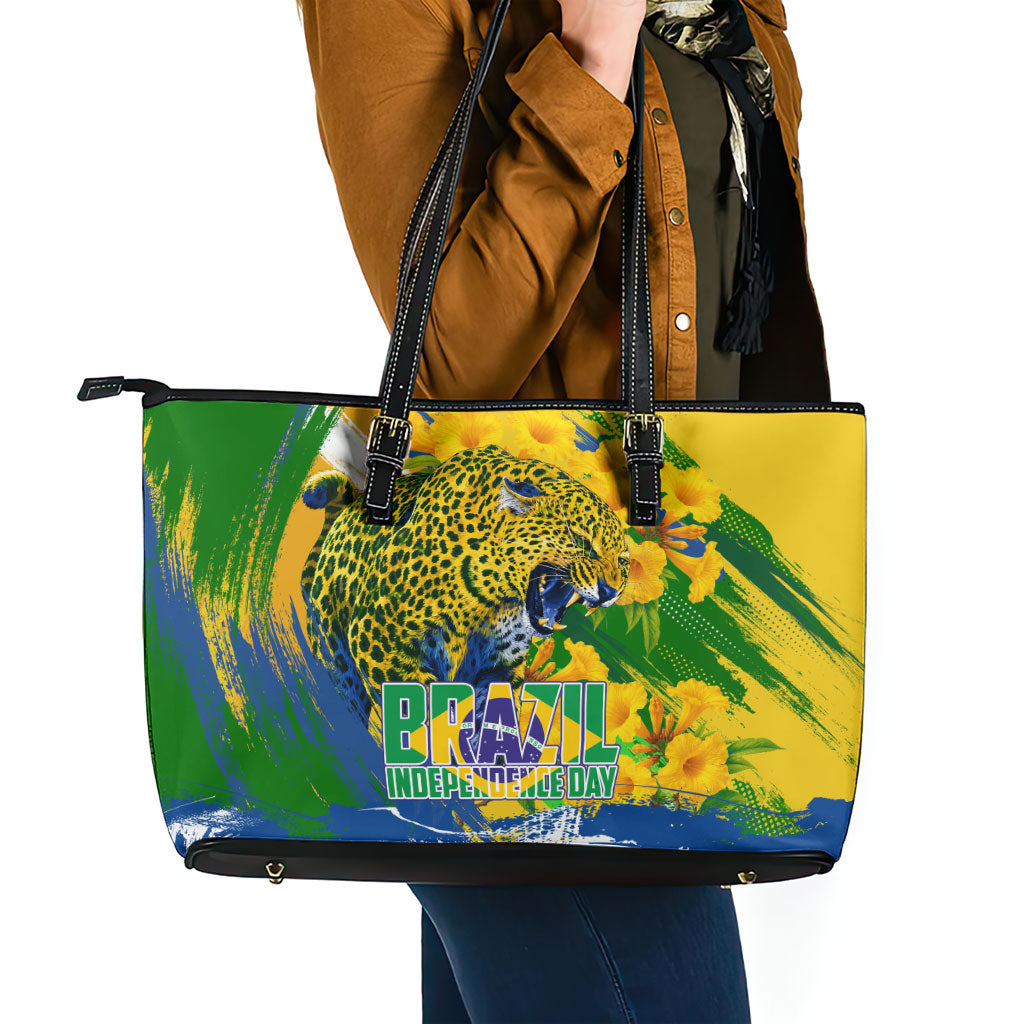 Brazil Independence Day Leather Tote Bag Roaring Jaguar Christ Redeemer Tropical Floral