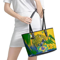 Brazil Independence Day Leather Tote Bag Roaring Jaguar Christ Redeemer Tropical Floral