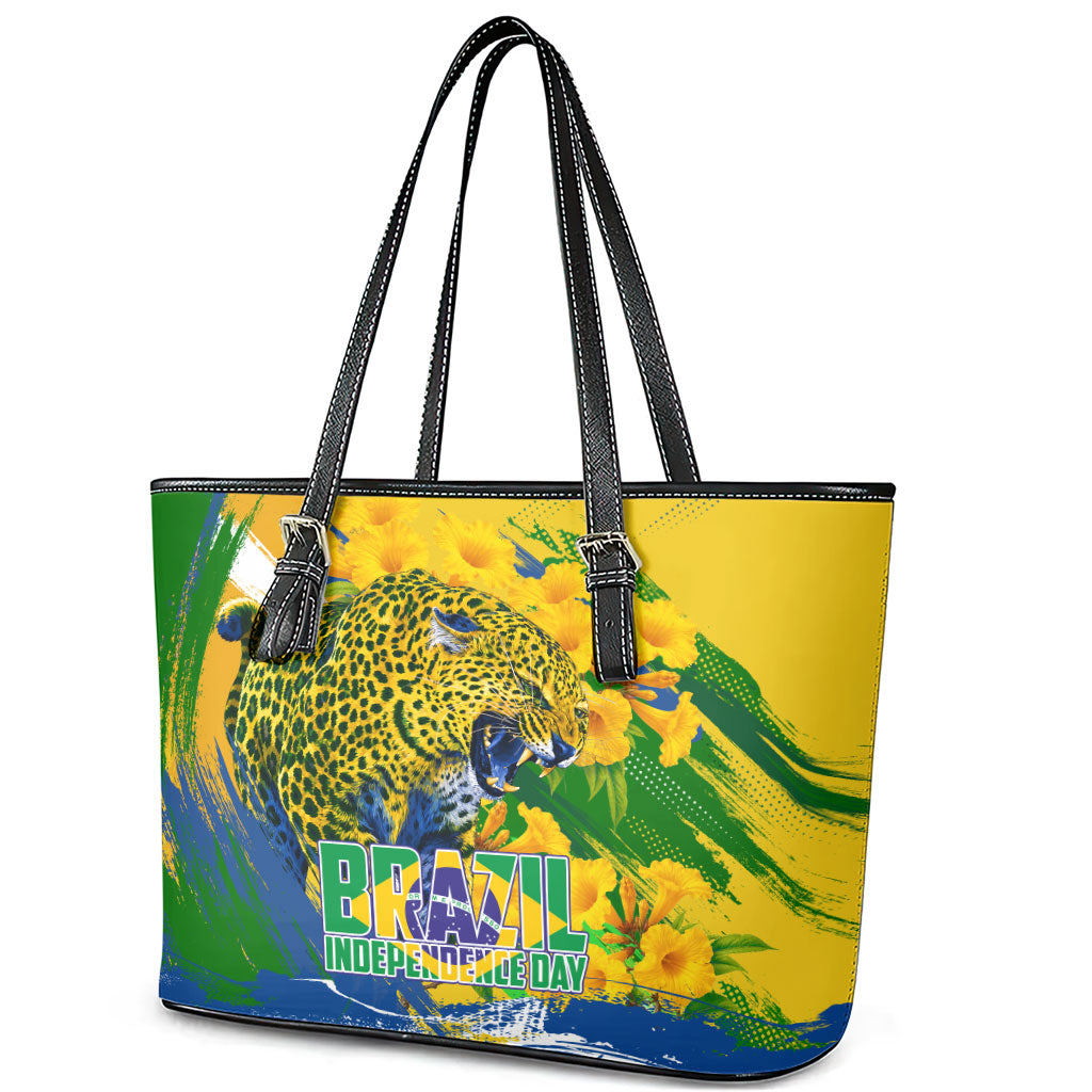 Brazil Independence Day Leather Tote Bag Roaring Jaguar Christ Redeemer Tropical Floral