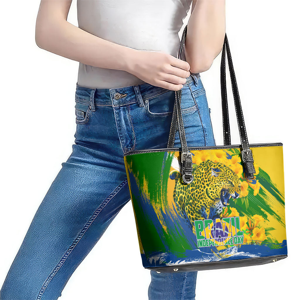 Brazil Independence Day Leather Tote Bag Roaring Jaguar Christ Redeemer Tropical Floral