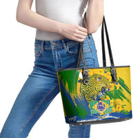 Brazil Independence Day Leather Tote Bag Roaring Jaguar Christ Redeemer Tropical Floral